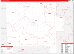 Van Wert County, OH Wall Map Zip Code Red Line Style 2024